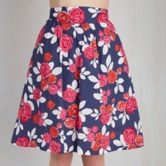 Modcloth Dresses & Skirts - ModCloth Blue Pink Floral A-Line Skirt Size Large